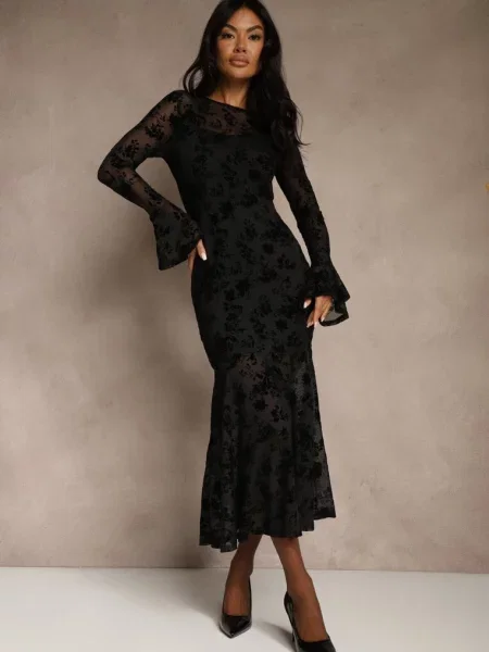 Koktajlowa Sukienka VICES z Siateczki z Welurowym Wzorem Fyreleva czarna