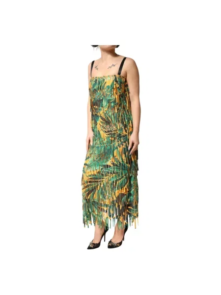 Sukienka maxi Dolce And Gabbana z frędzli w tropikalny nadruk