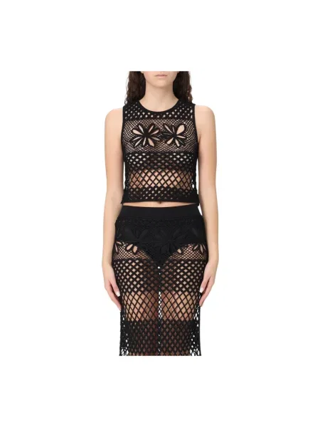 Haftowany dzianinowy top Pinko bez rękawów czarny