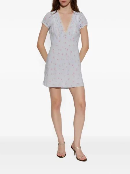 Rochie mini Loveshackfancy cu model floral cu imagine din dantelă albastru