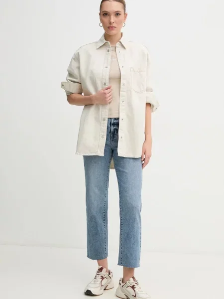 Pepe Jeans koszula jeansowa OVERSHIRT relaxed z kołnierzykiem klasycznym beżowy