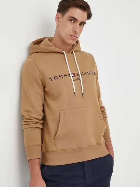 Pulover Tommy Hilfiger rjava s kapuco roza