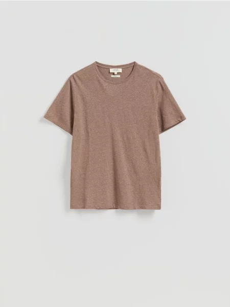 Reserved T-shirt regular z lnem brązowy