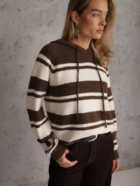 Pasiasty Sweter z Kapturem z Dzianiny z Wełną i Bawełną Edelmi brązowy