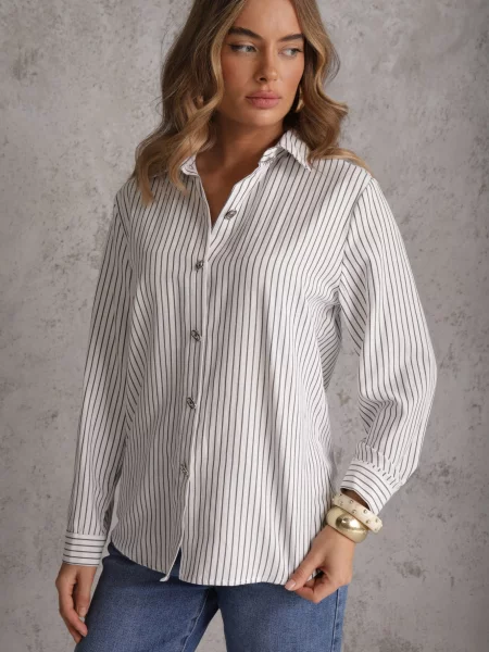 Koszula z Bawełną w Prążki ze Zdobionymi Mirasea biała
