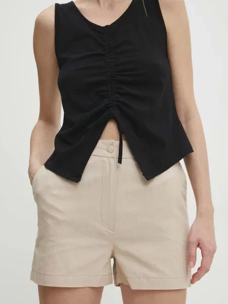 Къс панталон с лен Answear Lab с изчистен дизайн с висока талия бежово