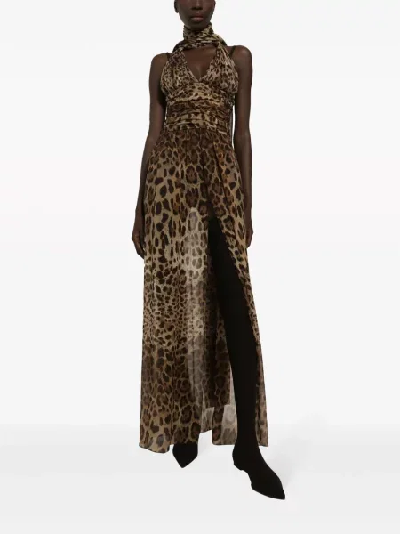 Šilkinis raštuotas suknele Dolce & Gabbana leopardinis ruda