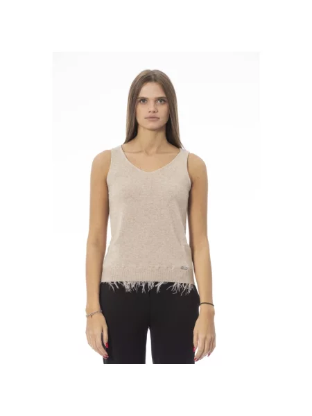 Top Baldinini z dekoltem w serek wełniany na ramiączkach beżowy