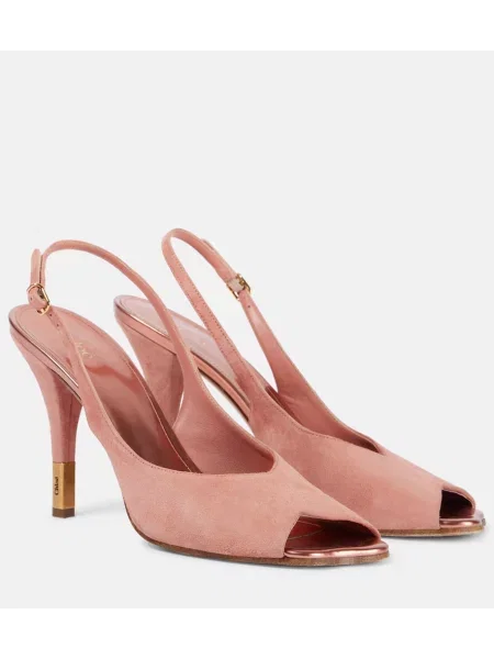 Pantofi cu toc Chloé din piele de căprioară cu model floral roz