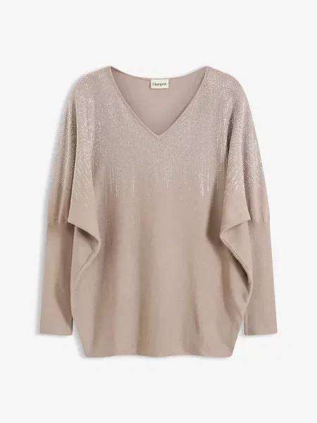 Sweter z cienkiej dzianiny z rękawami typu nietoperz i kryształkami szary