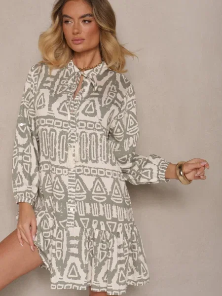 Rozkloszowana Sukienka z w Etniczny Print z Wiązaniem z Frędzlami Ravpio zielona