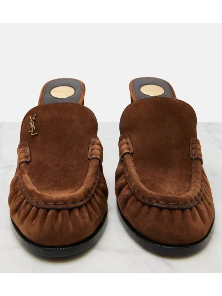 Papuci tip mules Saint Laurent din piele de căprioară maro