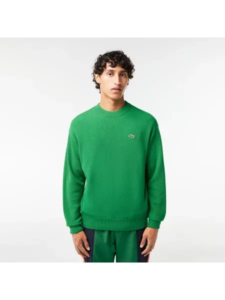 Lacoste Sweter Z Wełny O Luźnym Kroju Z Okrągłym Dekoltem zielony