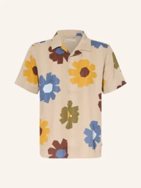 Knowledgecotton Apparel Košile S Krátkým Rukávem Střih Comfort Fit / hnědá / žlutá béžová