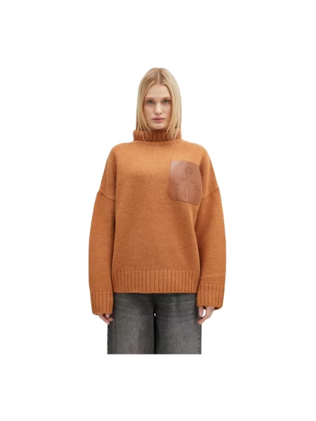 JW Anderson sweter wełniany Leather Patch Pocket Jumper z golfem pomarańczowy