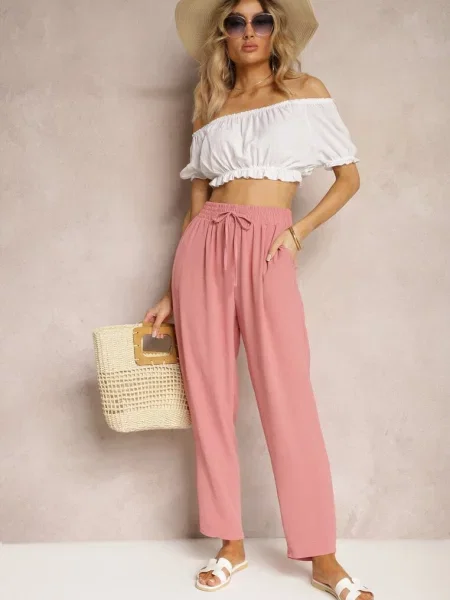 Ciemnoróżowe Spodnie Regular High Waist z Wiązaniem w Pasie Dimeca różowe