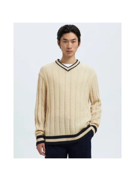 Sweter o kroju relaxed fit z dzianiny z dodatkiem wełny model ‘ROY’ Selected Homme beżowy
