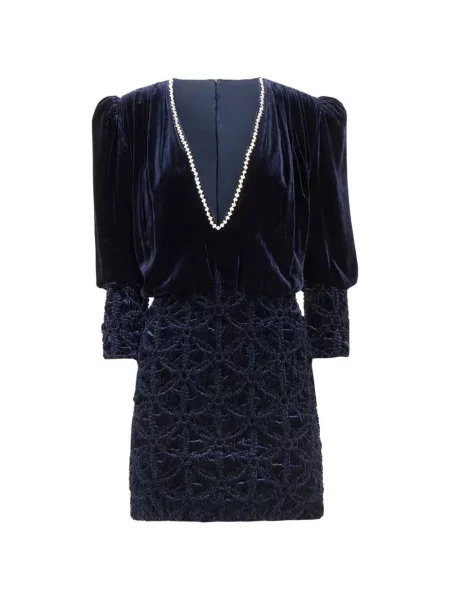 Aksamitna sukienka mini Costarellos z kryształkami garniturowa niebieska