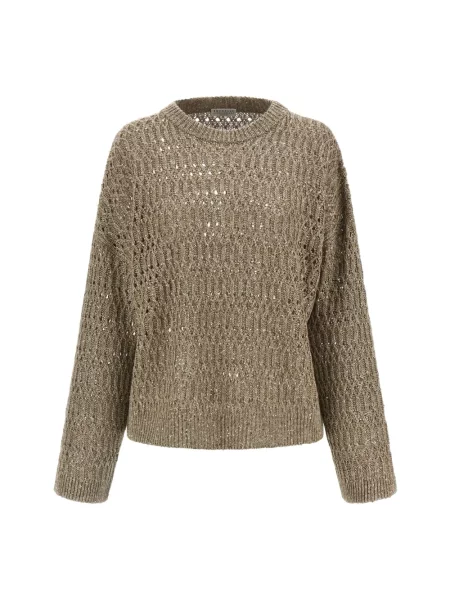 Sweter Brunello Cucinelli ażurowy brązowy