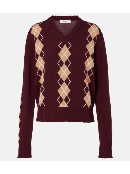 Pulover Chloé de lână cu model argyle bordo