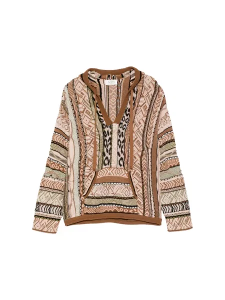 Sweter Laneus z kapturem z dekoltem w serek brązowy