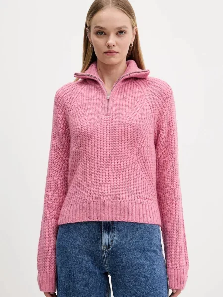 Tommy Jeans sweter z dodatkiem wełny ciepły z golfem różowy