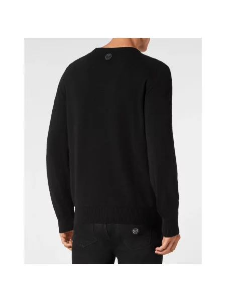 Sweter Philipp Plein skórzany z okrągłym dekoltem czarny