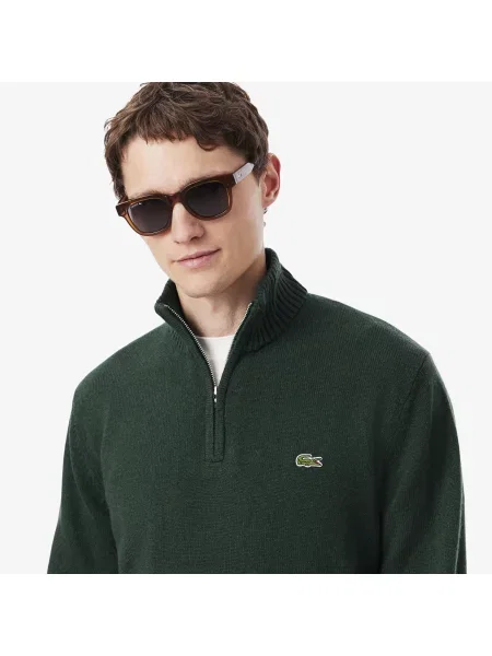 Lacoste Wełniany Sweter Z Wysokim Kołnierzem I Zamkiem zielony
