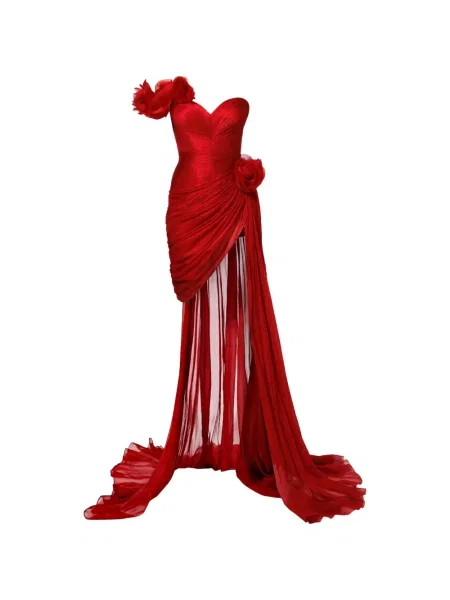 Rochie Iris Serban cu model floral asimetrică roșu