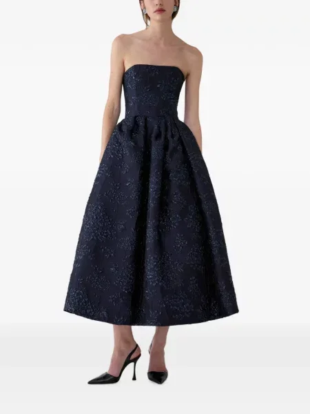 Rochie midi Carolina Herrera cu model floral din jacard fără bretele albastru
