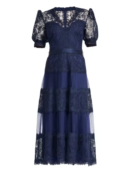 Haftowana sukienka midi Tadashi Shoji plisowana do kolan niebieska