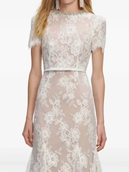 Rochie midi Self-portrait cu model floral din dantelă până la genunchi alb