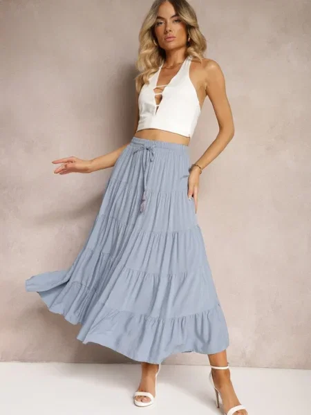 Fustă bleumarin din cu talie înaltă evazată cu fundă și în talie Leceviana albastru