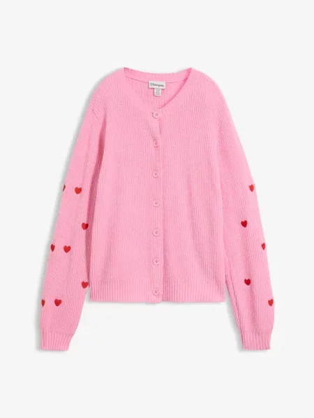 Sweter rozpinany z haftem w serca różowy
