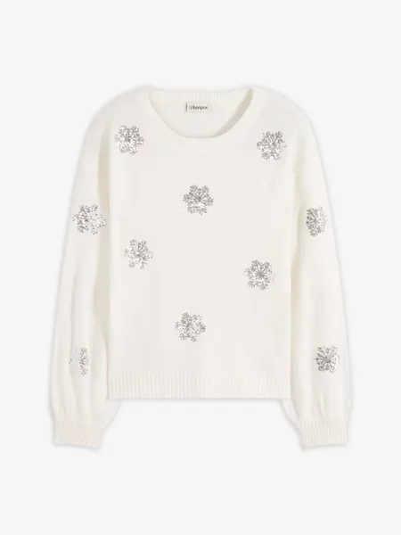 Sweter z połyskującymi motywami płatków śniegu biały