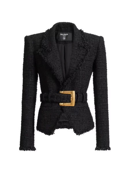 Cu centură geacă Balmain din tweed negru
