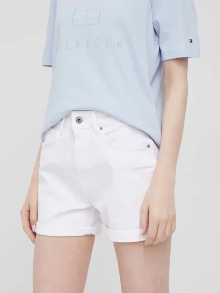 Дънкови къси панталони Pepe Jeans Mary Short дамски с изчистен дизайн с висока талия бяло