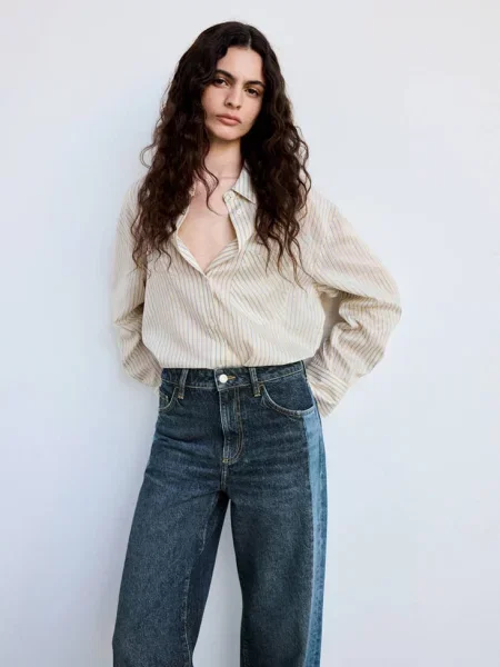 Jeansy wide leg z kontrastowym detalem Kobieta 34 MANGO ciemnoniebieski