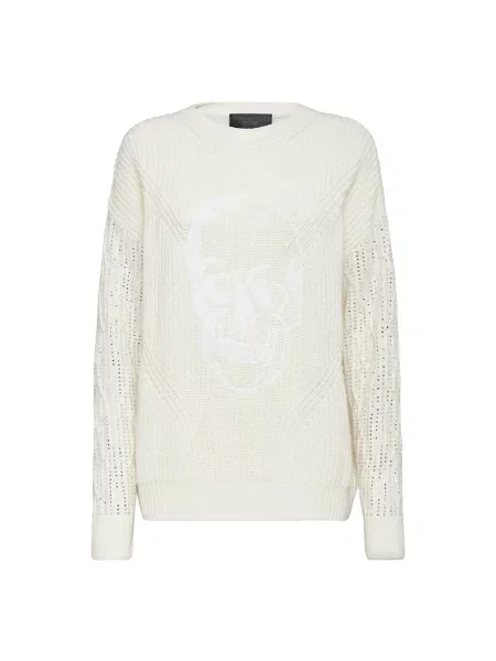 Sweter Philipp Plein wełniany z okrągłym dekoltem beżowy