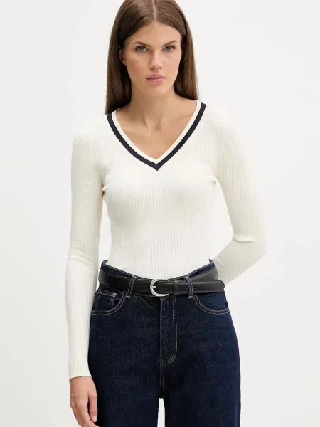 Пуловер Guess Jeans от лека материя бежово