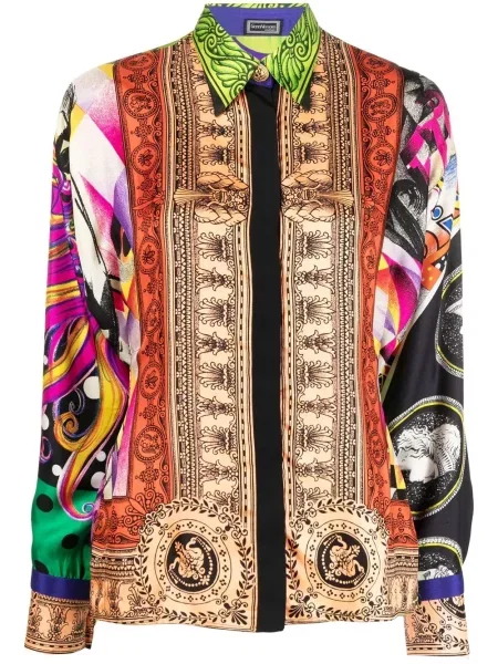 Hedvábná košile Versace Pre-owned s potiskem s abstraktním vzorem zelená