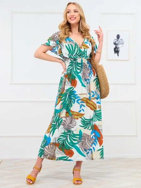 Rochie maxi Resti cu model floral lungă de costum alb