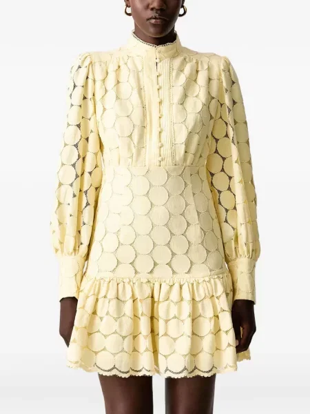 Rochie mini Bardot cu volane din dantelă galben