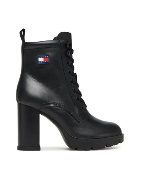 Кожени боти Tommy Jeans TJW HEEL LACE UP BOOT с дебел черно