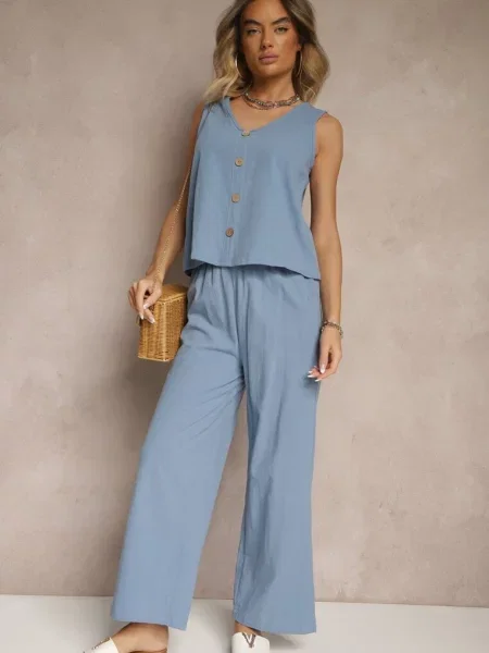 Komplet z Bawełny Bluzka z Szerokie Spodnie z Gumką w Talii Floricella niebieski