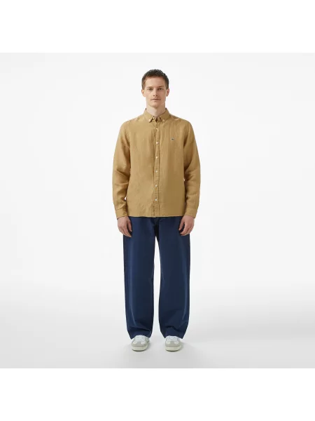 Lacoste Lniana Koszula Button-Down Regular Fit beżowa