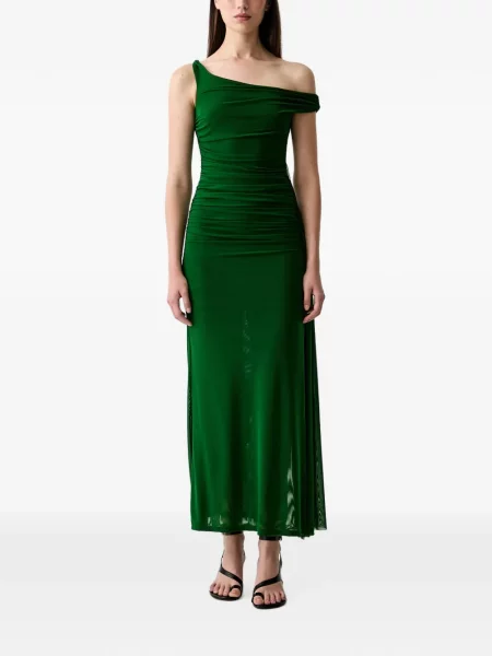 Rochie maxi Bardot cu volane cu un umăr gol verde