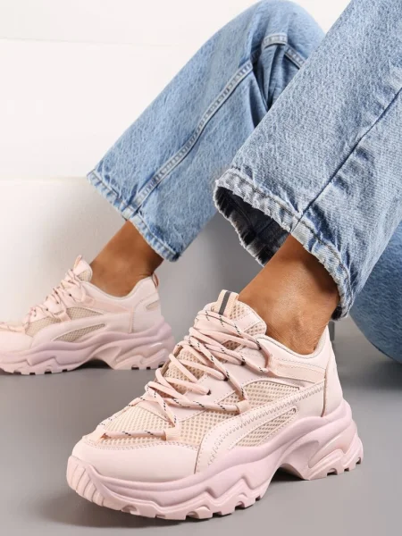 Sneakers Masivi cu Inserții din Plasă și Șireturi Decorative Ollavia roz