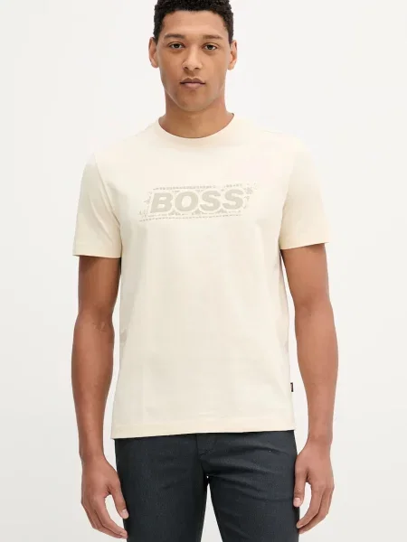 Тениска BOSS Orange жълто с принт бежово