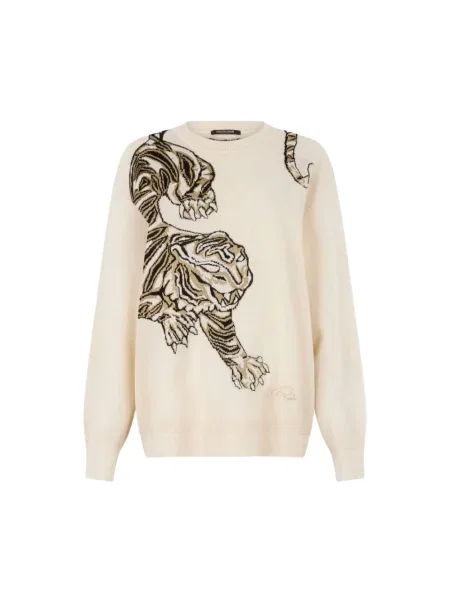 Sweter Roberto Cavalli wełniany w tygrysie prążki beżowy